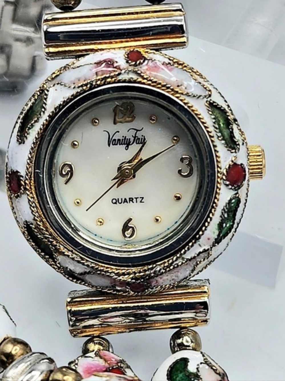 Vintage Vanity Fair Bracelet & Watch Set White & Pink Floral Enamel Textured